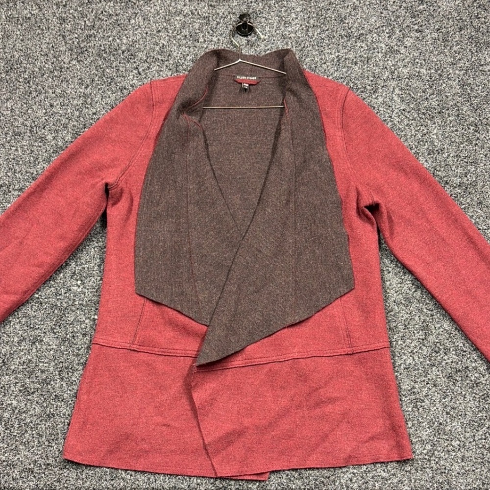 Eileen Fisher Cardigan Women L Red Merino Wool Draped Open Front Jacket Luxury